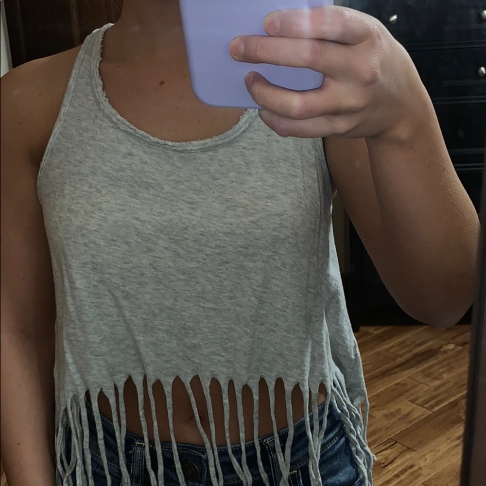 Gray fringe crop tank